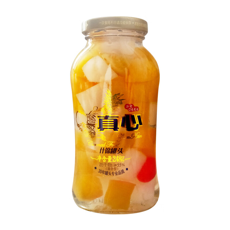 xywlkj大连真心罐头248克黄桃橘子山楂什锦椰子玻璃瓶水果罐头零食