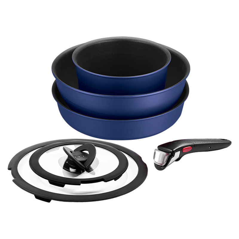 特福(Tefal)鍋具套裝百變鍋鑄鋁可拆卸煎炒鍋有鈦不粘鍋六件套午夜郁金香藍【帶硅膠鏟】