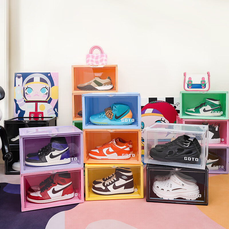 GOTO 马卡龙多色AJ鞋盒透明侧开收纳盒防氧化网红收藏鞋墙防尘鞋柜 马卡龙色系组合6个（每个色1个） 36*28*22