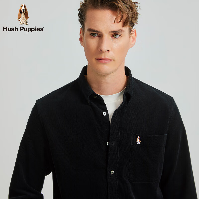 暇步士(Hush Puppies)【柔软耐磨】男装秋季面料厚实复古细条灯芯绒衬衫 墨蓝色 L