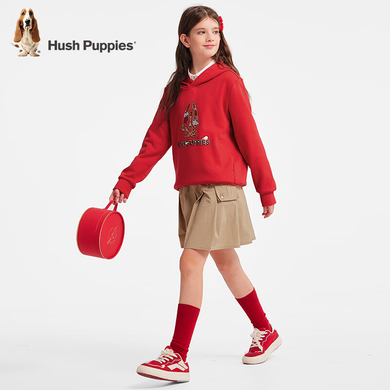 暇步士(Hush Puppies)【新年系列】童装冬季男女童新款保暖舒适喜庆吉祥国潮风卫衣 珊瑚红 【青少款】 130