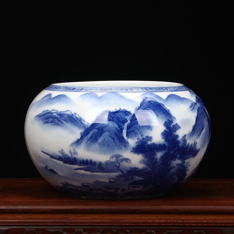 鸿瑀 景德镇陶瓷花瓶手绘青花瓷山水大鱼缸 中式客厅家居装饰工艺礼品
