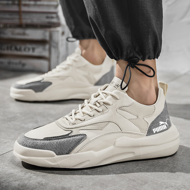 轻奢男鞋秋冬季新款软底运动板鞋男加绒棉鞋男百搭增高休闲鞋子男 米灰色 40