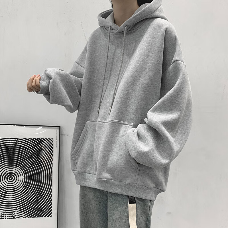 西斯连帽卫衣男2024新款春夏季纯色帽衫男生上衣美式高街外套 浅灰色