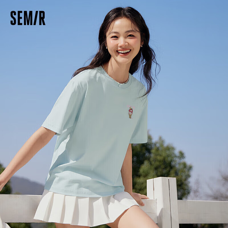 森马（Semir）【多彩凉感T】短袖t恤女夏中长款宽松舒适刺绣上衣109324100007