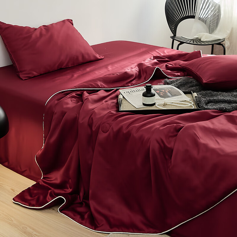 文枝夏季凉感空调被四件套天丝夏凉被酒红色结婚陪嫁可机洗双人薄被子