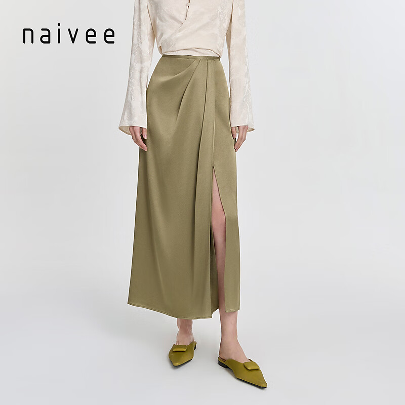 纳薇（naivee）商场同款naivee纳薇24春新款复古荡褶醋酸开衩直筒半身裙包臀裙 橄榄绿 160/66A/M