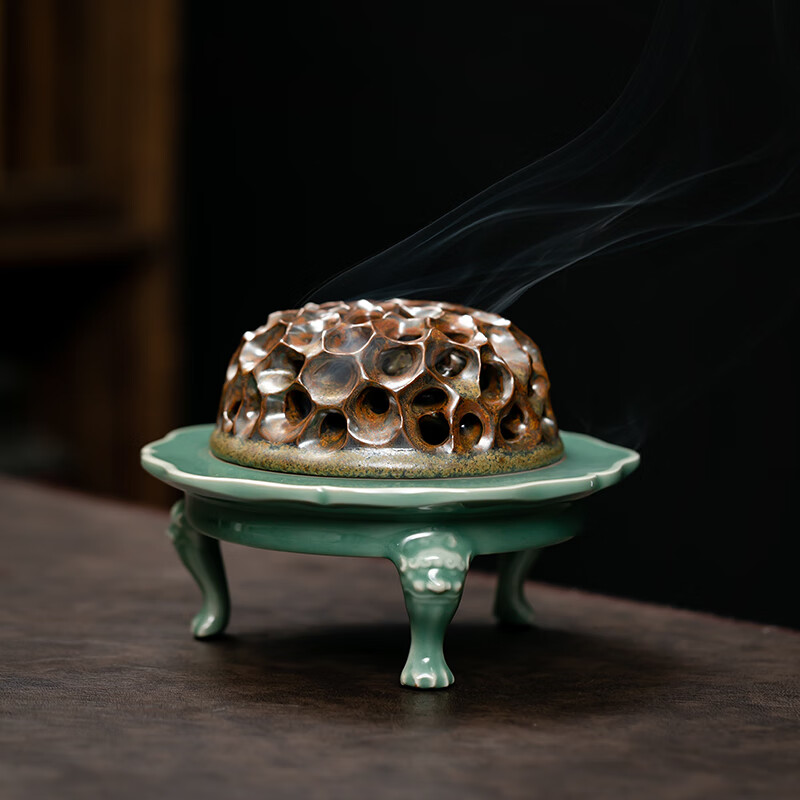 京峰阁 青瓷寿山石锁云香炉摆件 黄柯仿古全手工陶瓷盘香檀香沉香熏炉