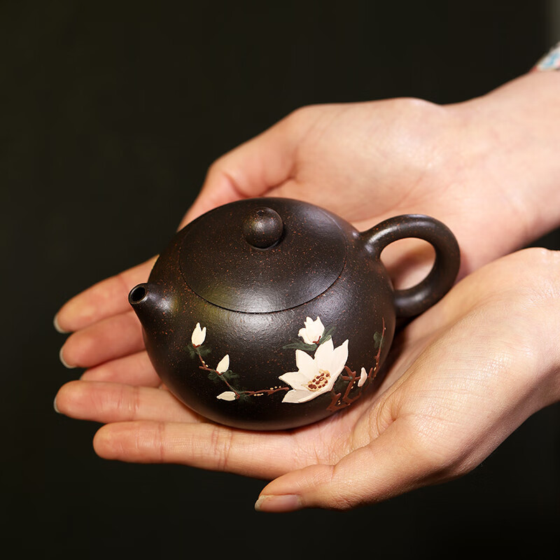 茗泥堂西施壶紫砂壶手工泥绘宜兴黑金砂泡茶壶功夫茶具壶 球孔过滤 黑