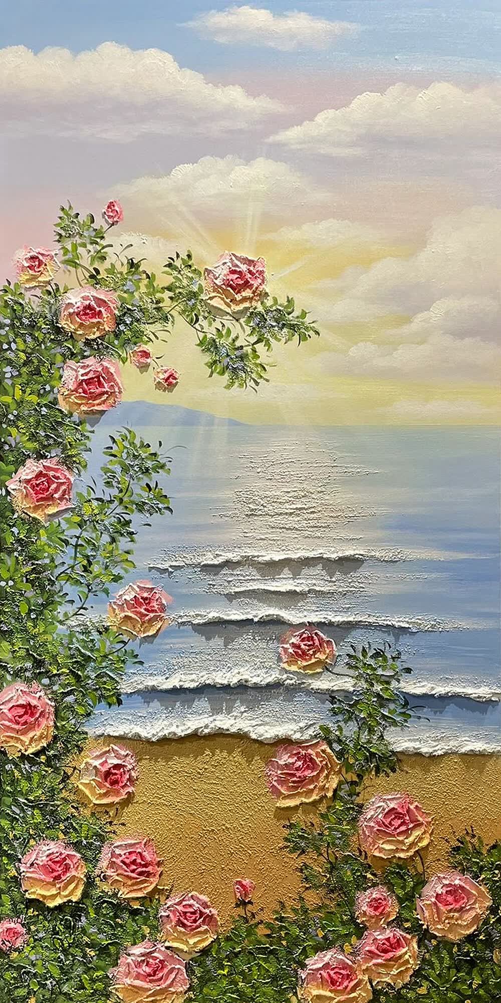 客厅玫瑰海岸肌理挂画高级感花卉手绘油画玄关大浪沙滩风景装饰画 无