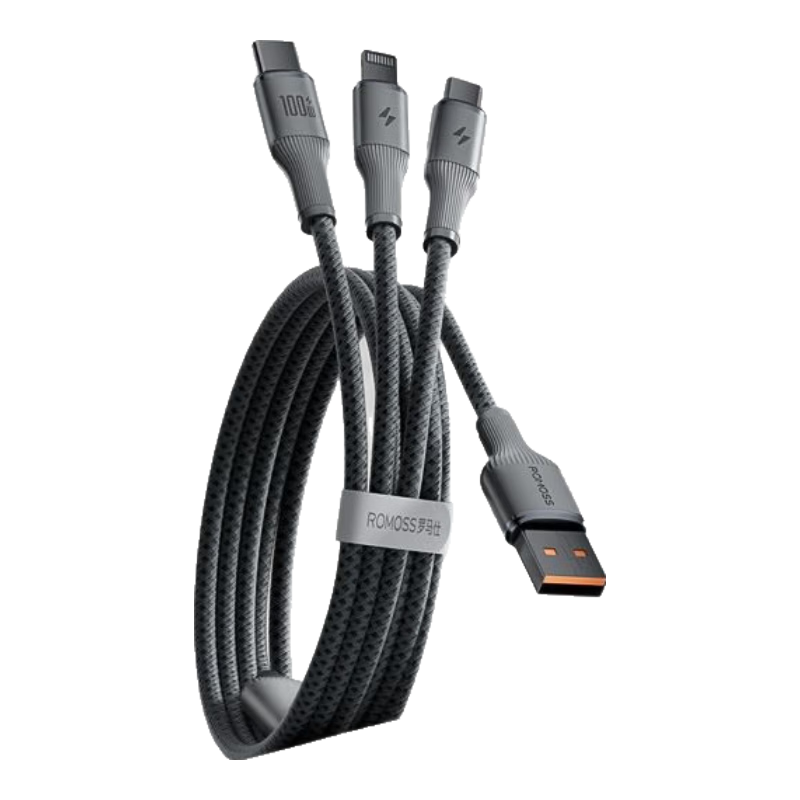羅馬仕三合一100W快充充電線一拖三數(shù)據(jù)線適用華為榮耀蘋果15通用 (1.5米)100W超級快充煙霧灰