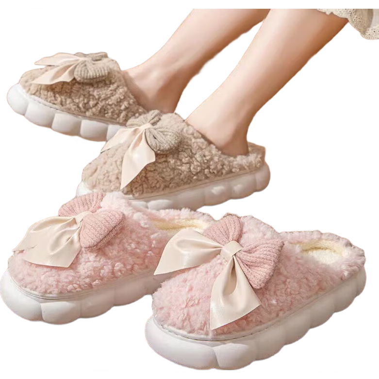 蝴蝶结棉拖鞋女2026秋冬新款室内柔软防滑保暖毛绒包跟居家毛拖鞋 蝴蝶结绿色 38-39