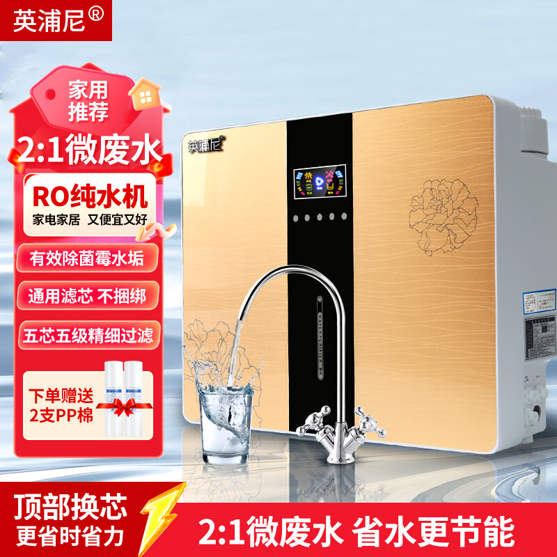 英浦尼净水器家用直饮RO反渗透厨房纯水机自来水前置过滤器壁挂式直饮机厨房专用台下用净饮机管线机 升级双出水+桶(2:1省水推荐) 京东折扣/优惠券