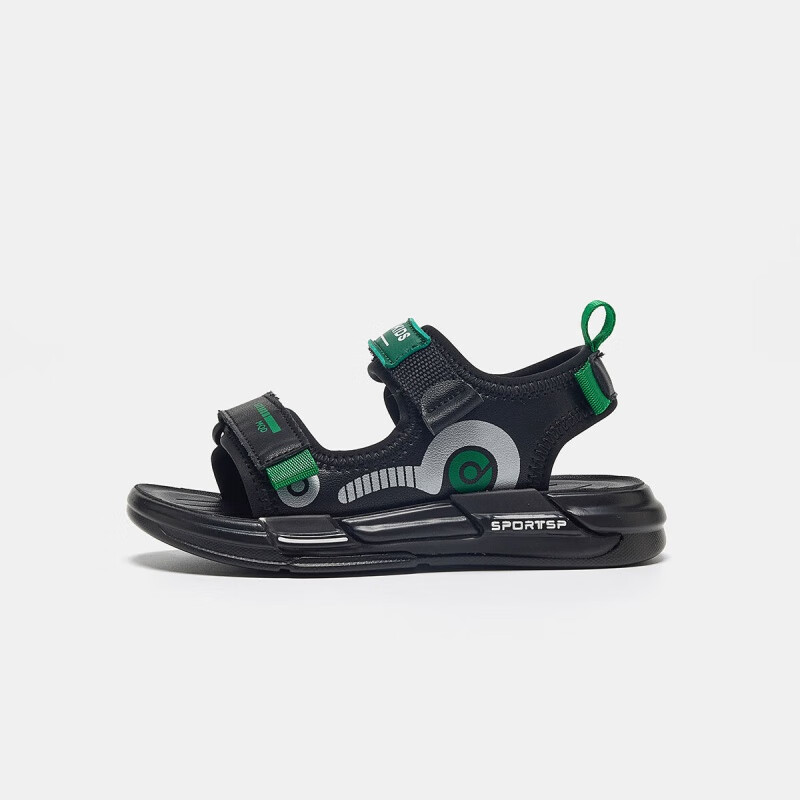 MQD马骑顿夏季新款儿童黑色凉鞋男童露趾透气运动风鞋子魔术贴休闲鞋 黑绿色 28