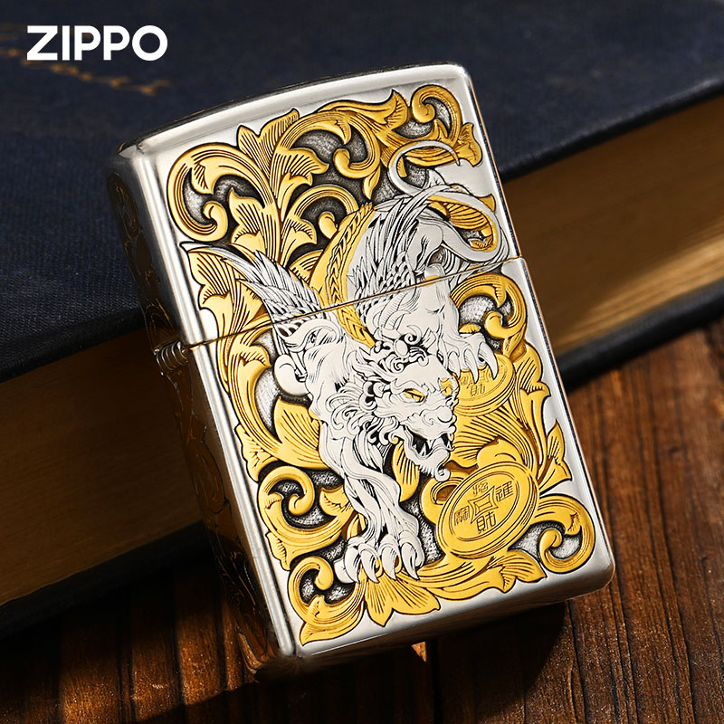 ZIPPO打火机官方正品煤油防风纯银鎏金招财唐草貔貅送男士朋友新年礼物 重甲纯银鎏金唐草貔貅【套餐款】