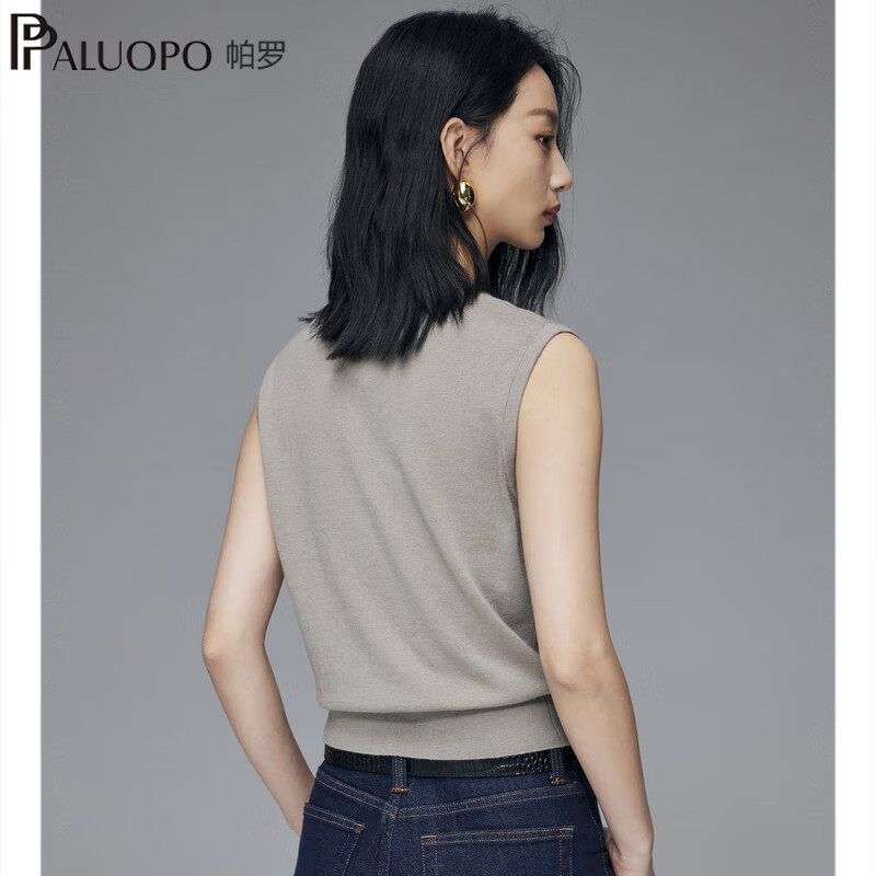 帕罗(PALUOPO)【60支精纺】羊毛针织衫女秋冬新款桑蚕丝毛衣内搭百搭背心 卡其 L 105/165
