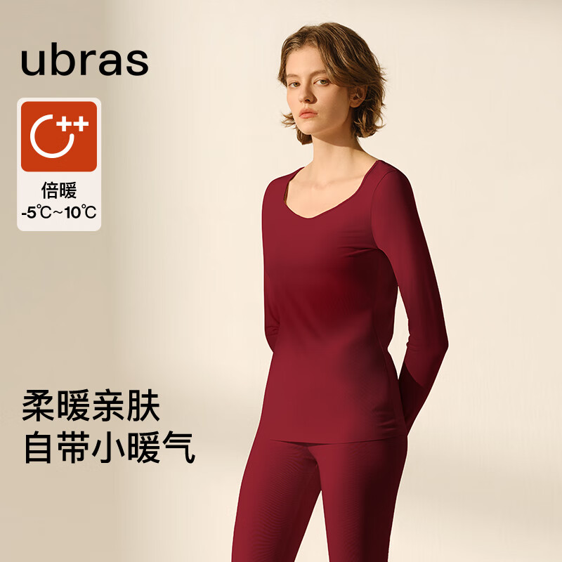 ubras轻暖圆领软糯亲肤肌底衣套装男钻石领女基础百搭打底秋衣裤保暖 女倍暖套装-丝绒红色 M