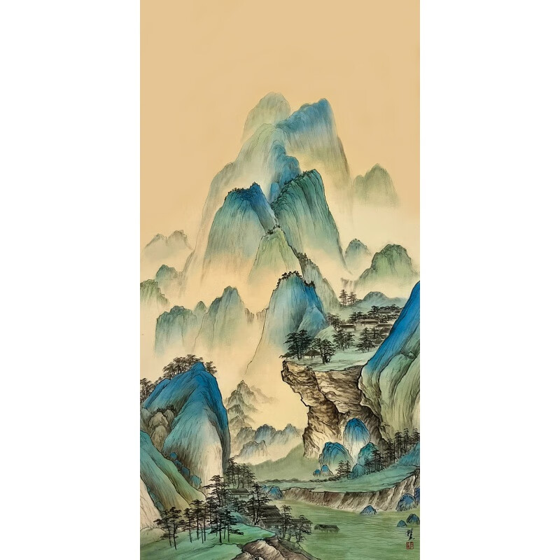 泉鸿韵新中式千里江山图纯手绘油画客厅玄关装饰画山水风景办公茶室挂