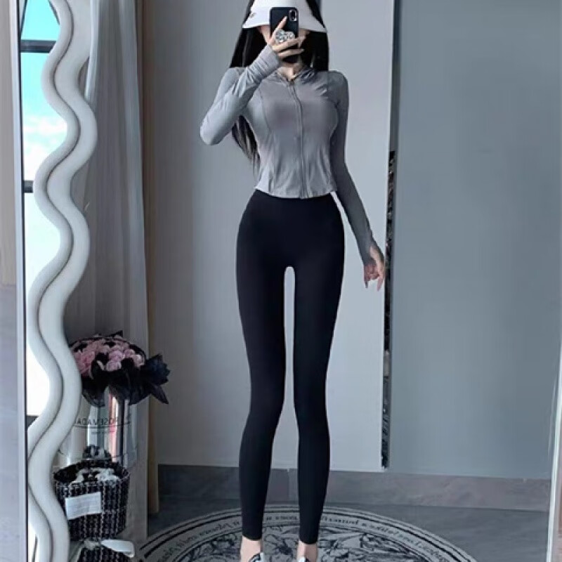 紧身连帽长袖外套女高腰提臀速干瑜伽长裤 单件碳灰内袋连帽长袖外套