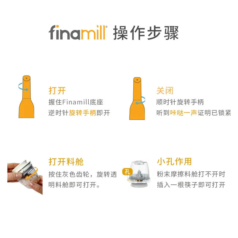 FINAMILL电动研磨器家用全自动快卡式花椒粉香料海盐黑胡椒研磨器 【电池款】白色机器+2料仓