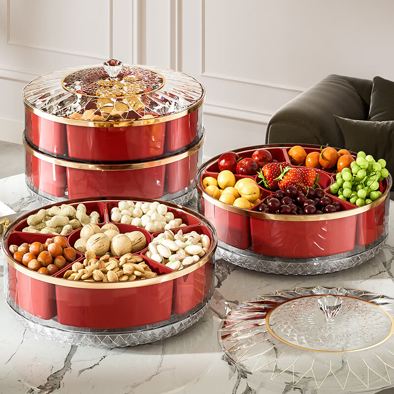 艾仕可（ASCOR）红色乔迁之喜果盘轻奢高档结婚糖果盒客厅茶几家用2025新款高颜值 双层可旋转-红色【可拆卸 独立分格】