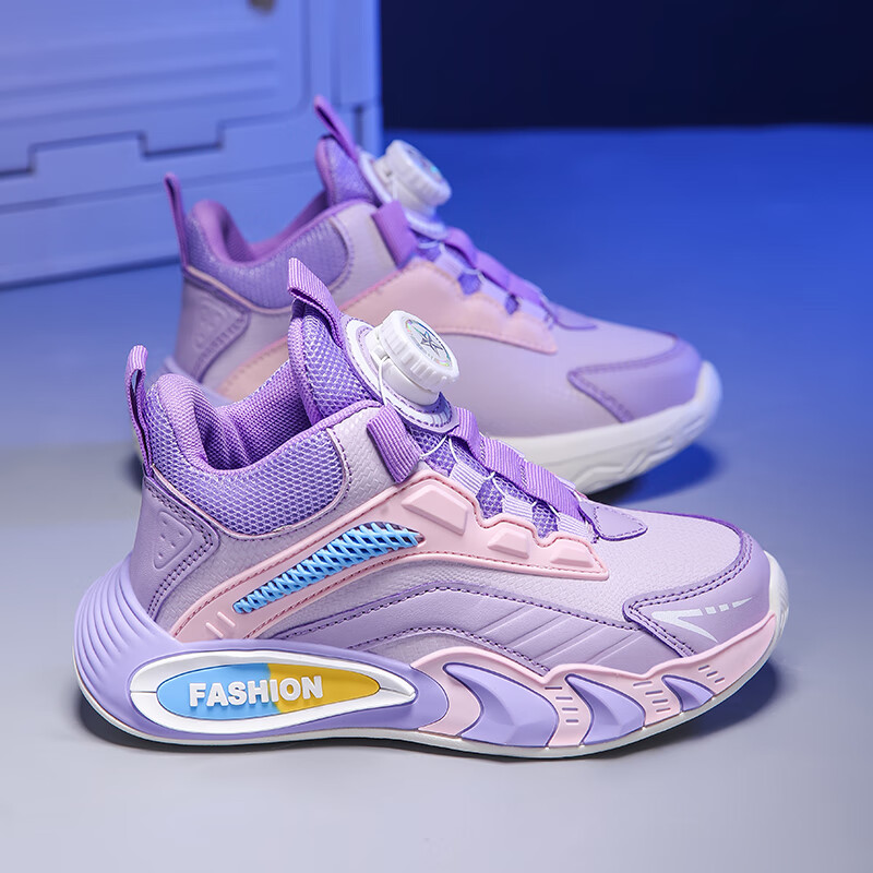 贝天熊男童鞋子秋冬加绒新款女童旋转纽扣透气革面儿童运动鞋儿童跑步鞋 BK111紫色【革面防水】 36 内长22.6/脚21.6