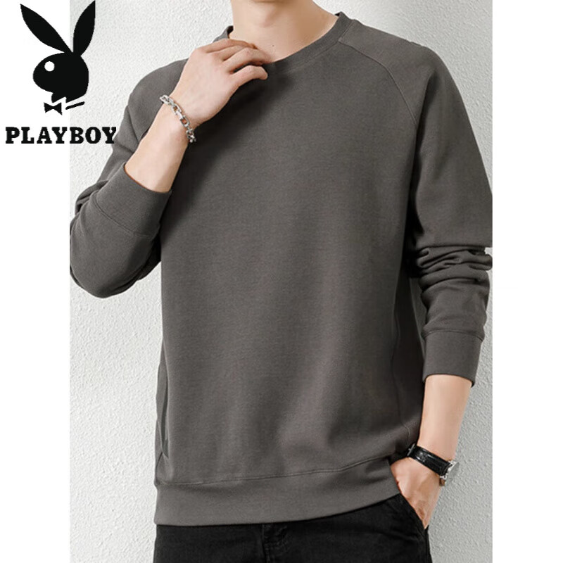 花花公子（PLAYBOY）重磅美式秋季圆领卫衣男士宽松潮流休闲青年打底衫上衣男装 YKT7841浅灰 2XL