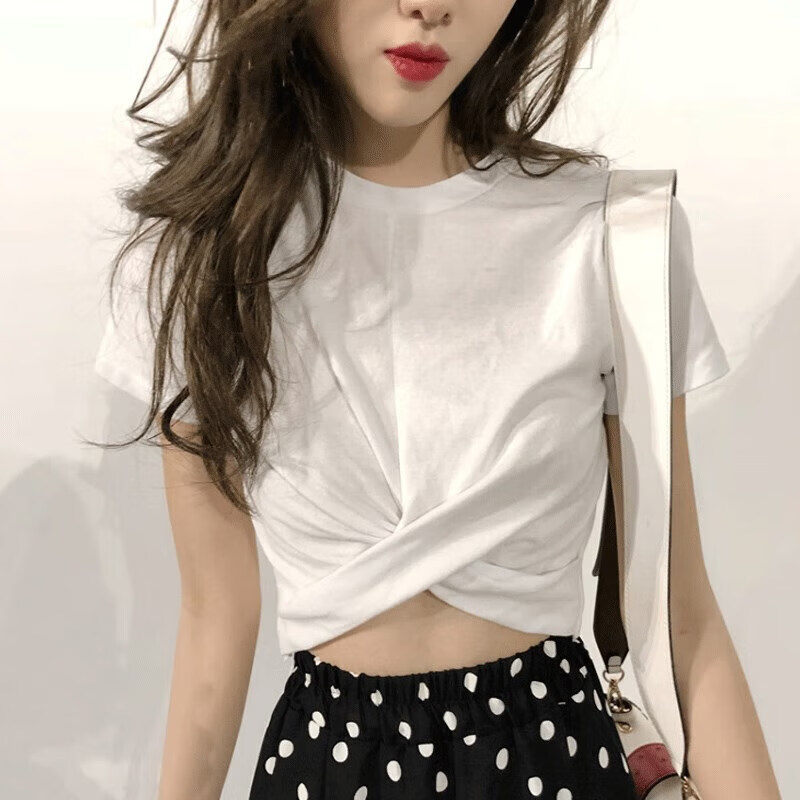 吻艺秀搭配阔腿裤的上衣新款女生露肚子的衣服夏短袖t恤中学生性感露