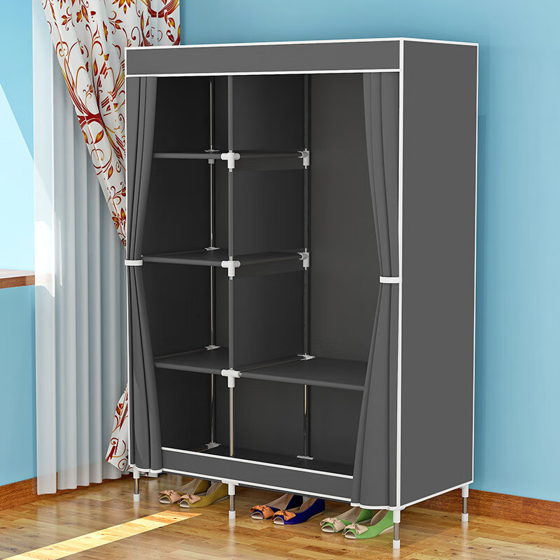 索爾諾(SuoErnuo)加固布衣柜 鋼管加粗加厚簡易衣柜防塵組裝折疊布衣櫥 銀灰色 4層