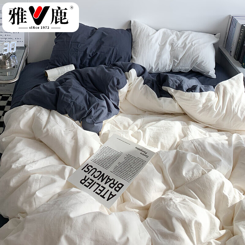 雅鹿家紡 北歐風(fēng)ins床上四件套純棉純色簡約夏季裸睡100全棉被套床單被罩輕奢高級感南通床品三套件4 雙拼-白藍(lán)灰 1.8m床【床單款四件套】-適合200x230cm