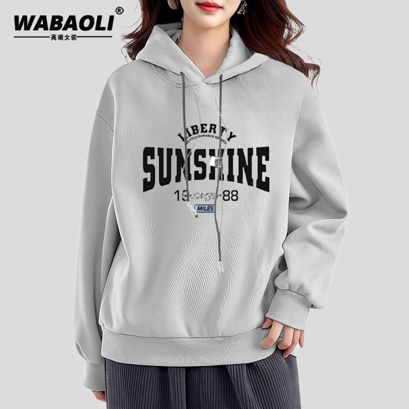 wabaoli高端品牌 假两件连帽卫衣女宽松2023新款春秋冬字母休闲加绒