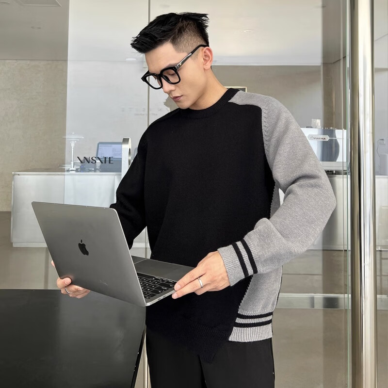 秋冬新款针织衫毛衣男士外套感修身时尚圆领套头毛衣 黑色(细线针织