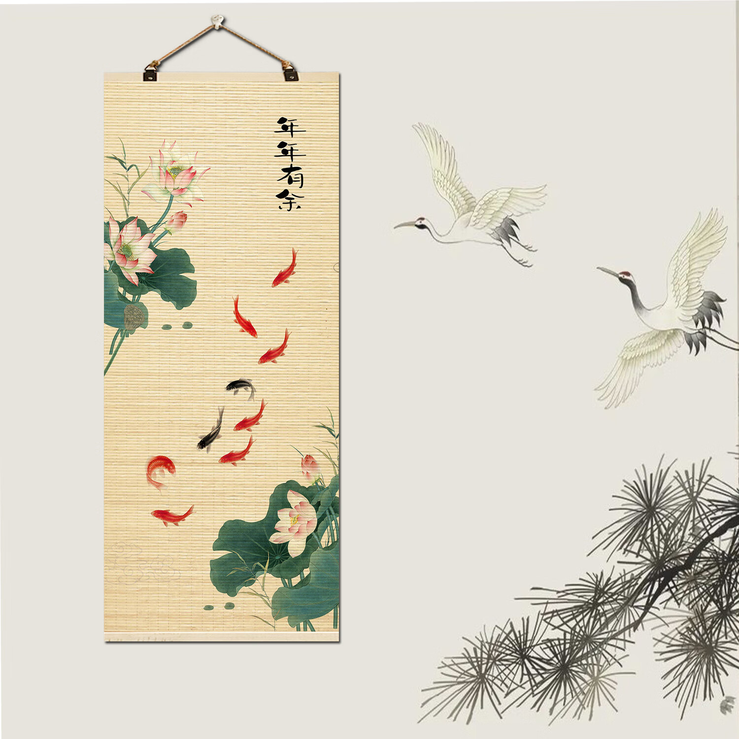 柿柿如意五福临门装饰画新中式玄关竹帘挂画客厅走廊竹帘卧室书房 年