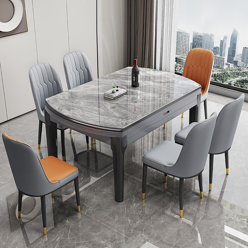 精匠艺墅新款实木岩板餐桌椅新款现代简约轻奢小户型家用伸缩圆桌折叠