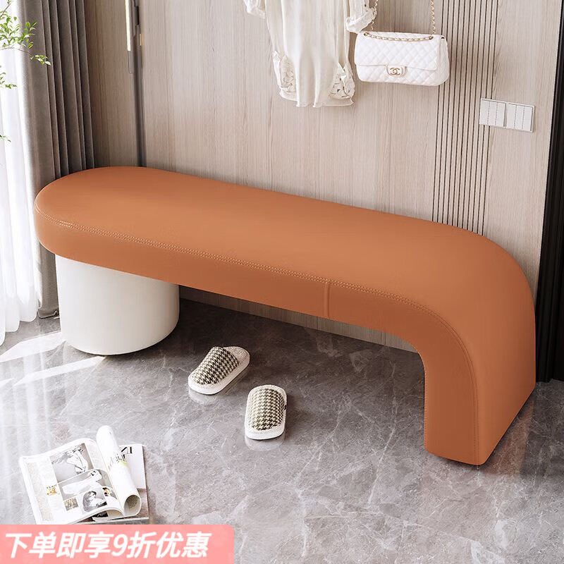 弘星隆换鞋凳门口可坐卧室床尾凳衣帽间沙发凳走廊换鞋凳长条沙发可躺凳 橙色面+白色圆脚 长90cm宽40cm高40cm