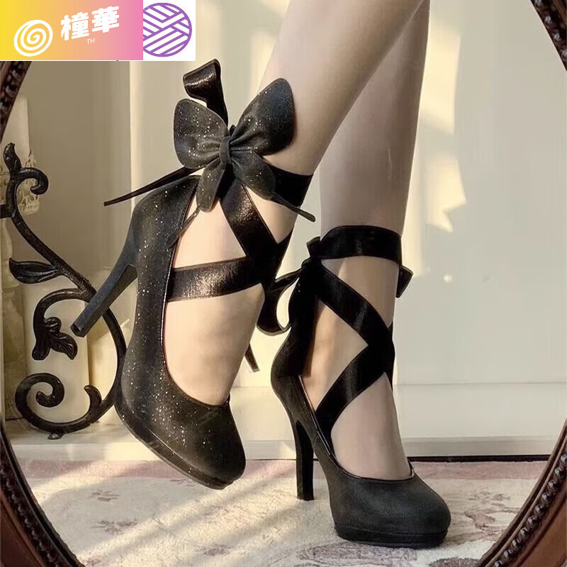 橦华芭蕾高跟鞋黑色闪闪防水台细跟仙女玛丽珍鞋优雅蝴蝶结尖头单鞋