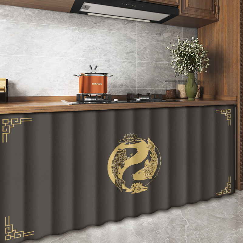 青染厨房遮挡帘推拉式 古风布帘无门柜子遮挡帘防水防油厨房橱柜杂物