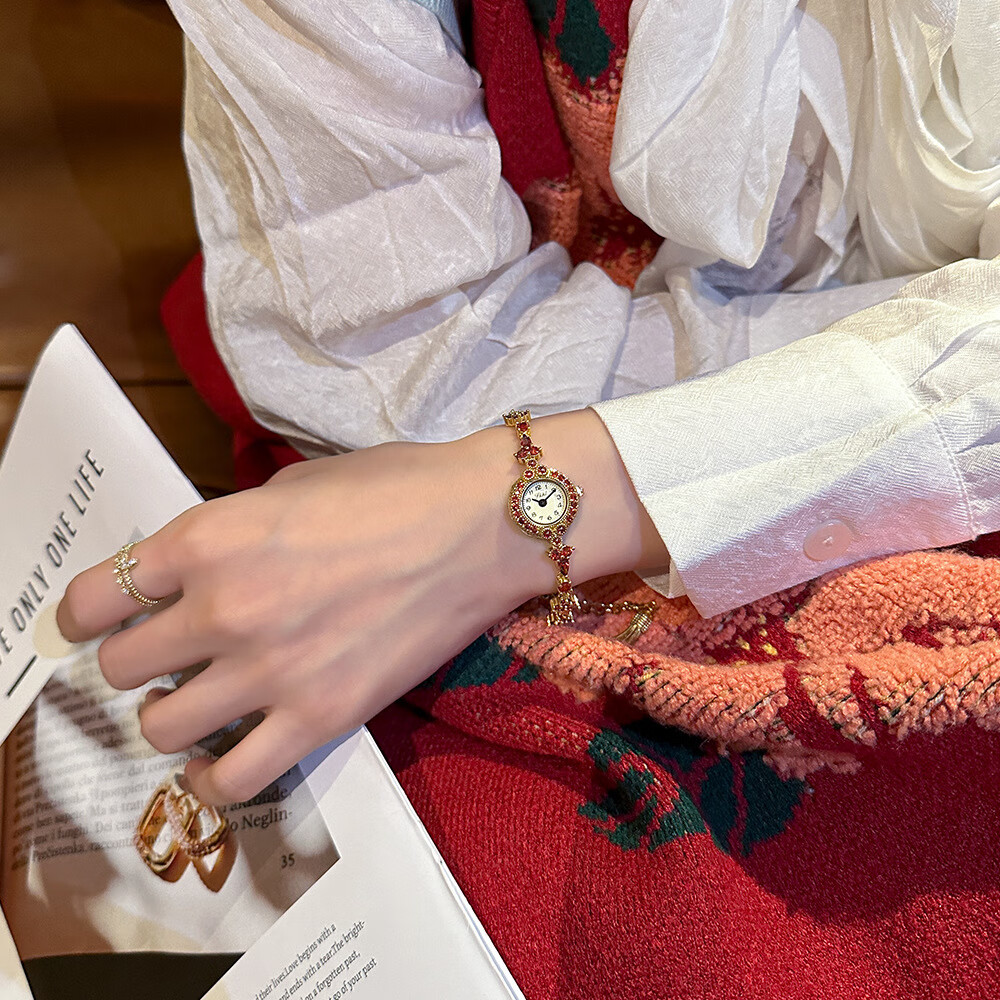 日系轻奢天然石榴石手链式minni盘流苏手表中古小众高级感女表 红石榴