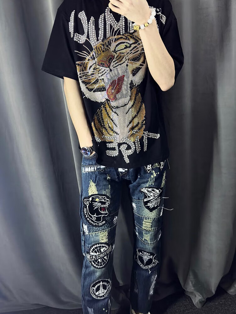 leedprre2024牛仔裤男装新款刺绣破洞贴标老虎头修身直筒百搭学生网红