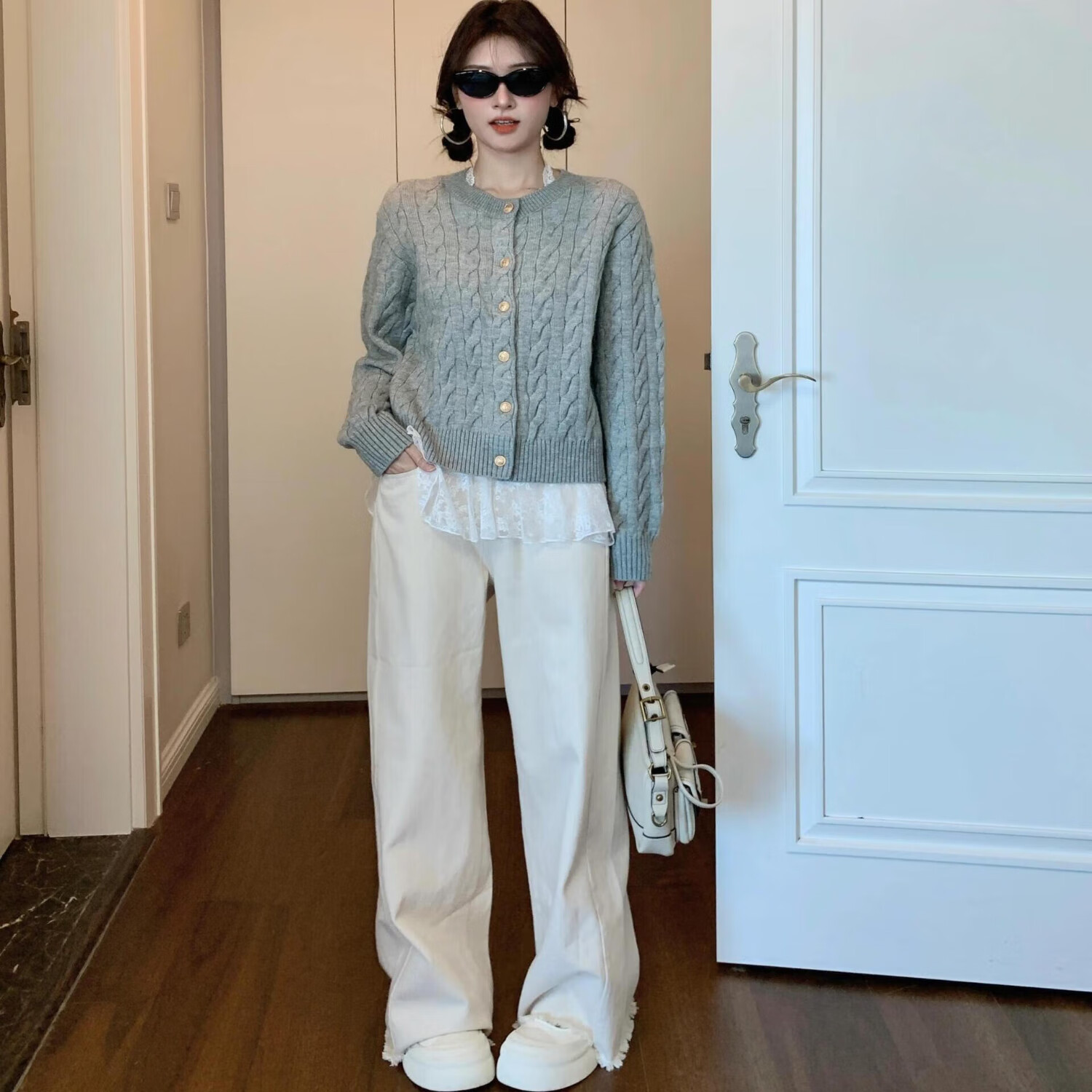 【49.9包邮】俞兆林 秋冬季宽松女士毛衣外套 灰色均码