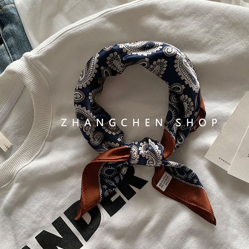 Pearl Diary法式復古腰果花絲巾小方巾發(fā)帶女百搭春秋頭飾扎發(fā)絲帶裝飾小領(lǐng)巾 藏青色腰果花 尺寸：70x70