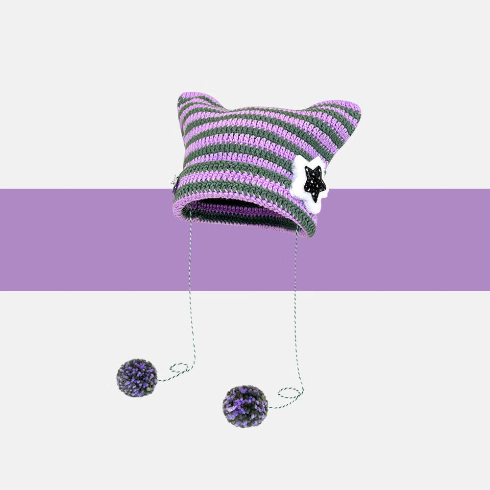 【甄选好物】亚比风猫咪耳朵帽子女秋冬y2k条纹针织帽韩版可爱保 张元英同款【黑色】