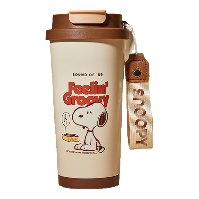 史努比（SNOOPY）保温杯咖啡杯男女士大容量高颜值随行不锈钢学生吸管水杯500ML 咖