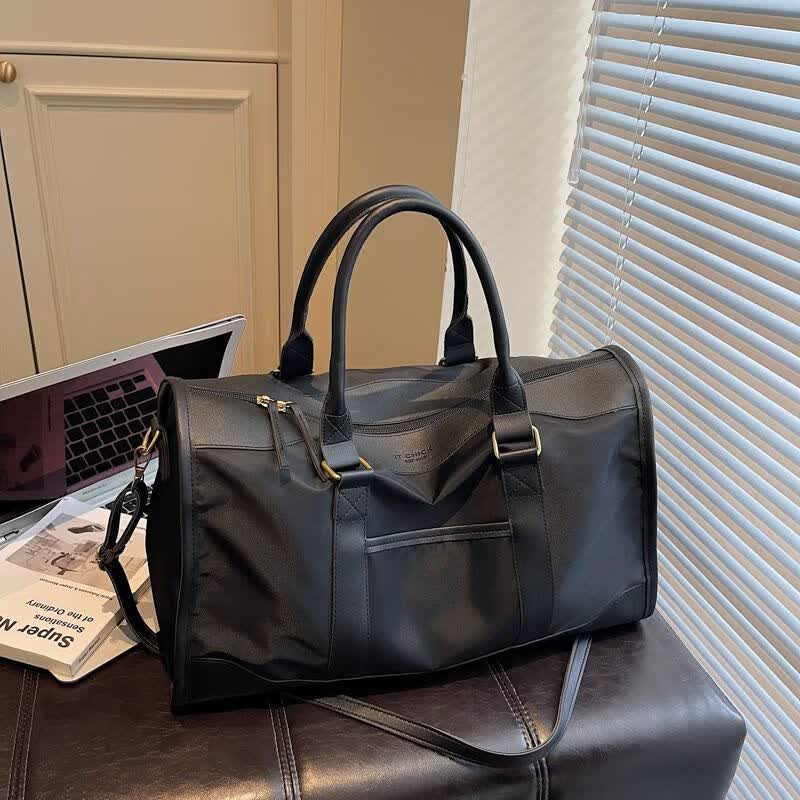 DRYWORLD女神节旅行包轻奢轻便行李袋短途出差PU单肩手提斜跨健身 黑色