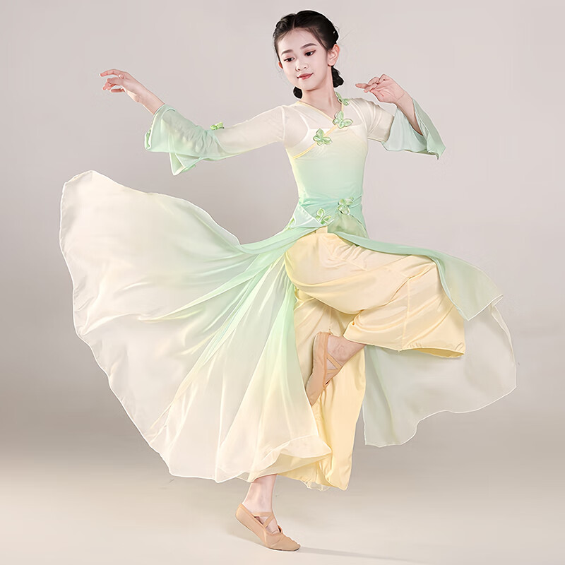 氧摩古典舞蹈服裝兒 童中國(guó)舞身韻女紗衣民族扇子舞漸變演出服 蝴蝶綠套裝(紗衣吊帶褲子) 140cm