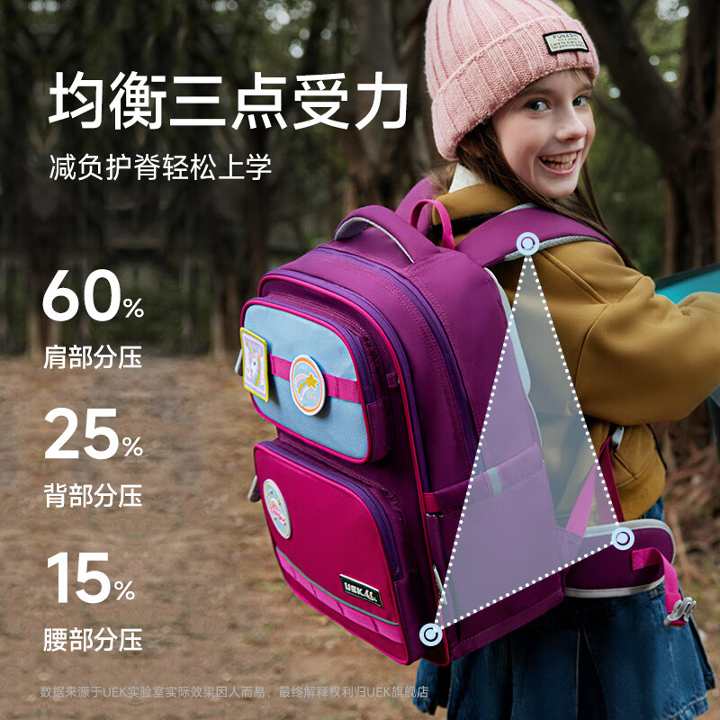 UEK儿童护脊书包男女孩1-3-6年级小学生减负轻量双肩背包大容量套装 玩趣徽章-蝴蝶兰（大号）