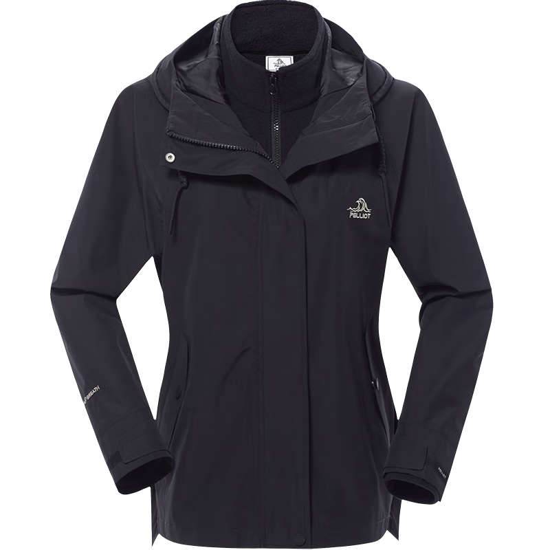 伯希和（Pelliot）【山行】冲锋衣三合一男女秋冬外套可拆卸抓绒内胆防风防水夹克 【女款】曜石黑 L