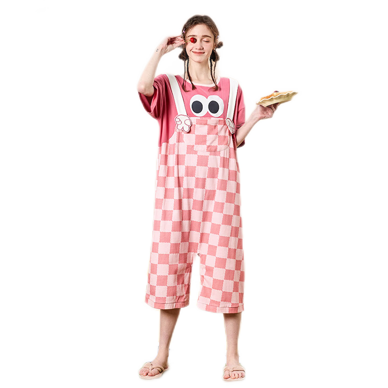 果殼（Gukoo）旗下YSO品牌睡衣女夏季小怪獸粉色可愛少女舒適連體家居服短袖1B 石榴紅撞色連體衣 S
