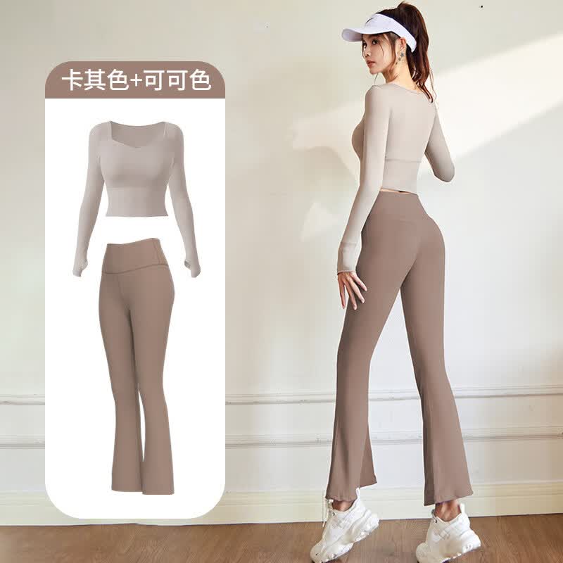 弹修身显瘦瑜伽服套装裸感速干套装高腰跑步运动健身服 卡其色可可色