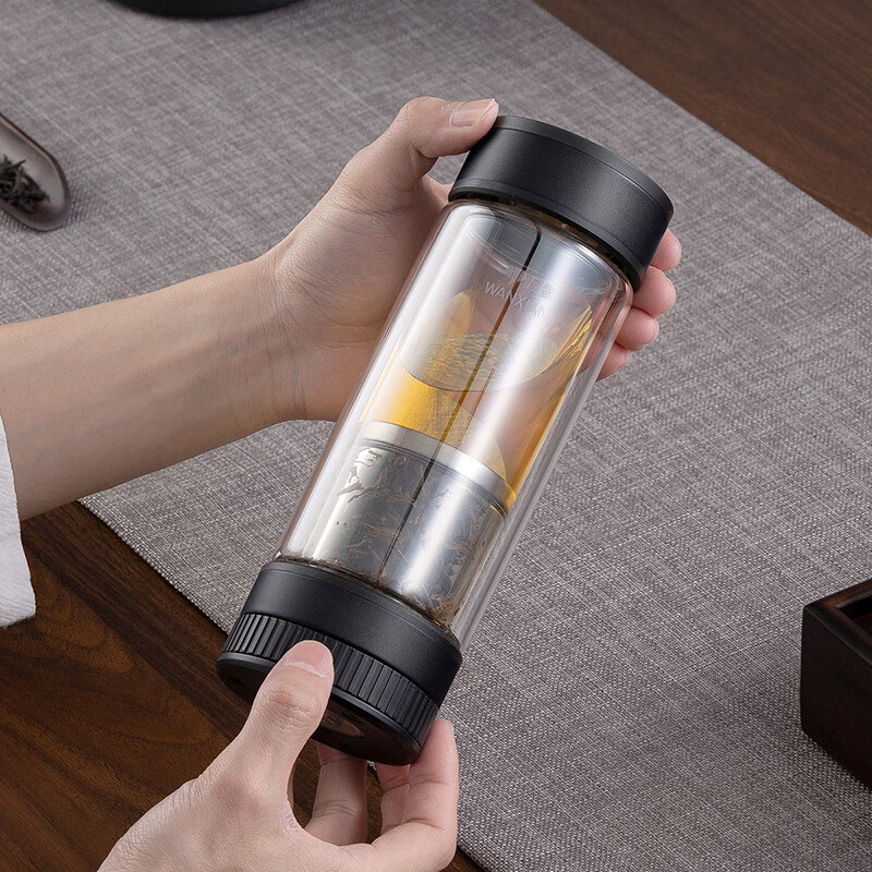 万象(WANXIANG)双层茶水分离玻璃杯V258L枪黑色310ML商务办公礼盒装机械开关水杯